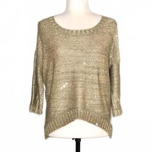 Frank Lyman Gold Sequin Boat Necline 3/4 Sleeve Drop Shoulder Knit Sweater - L